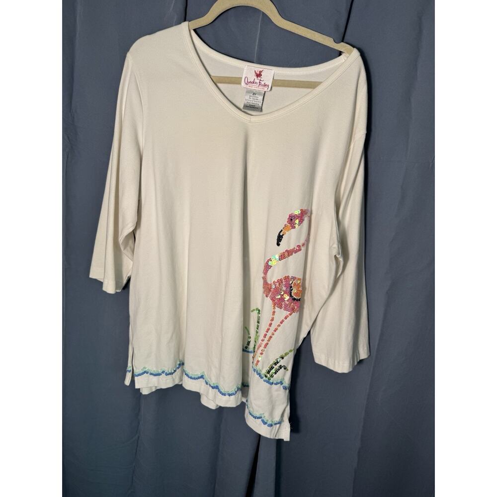 Quacker Factory White Flamingo Shirt Women’s 2X‎ Sequin Tropical Summer Top